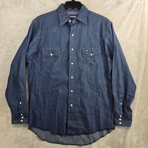Wrangler Denim Western Shirt Mens 16-34‎ X-Long Tails Cowboy Pearl Snap Blue